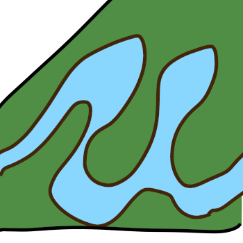 an aerial view of a blue river with brown lineart for the banks. There’s green that represents grass all around it. The river is irregularly shaped and goes all over the place and splits off into a lake at one point